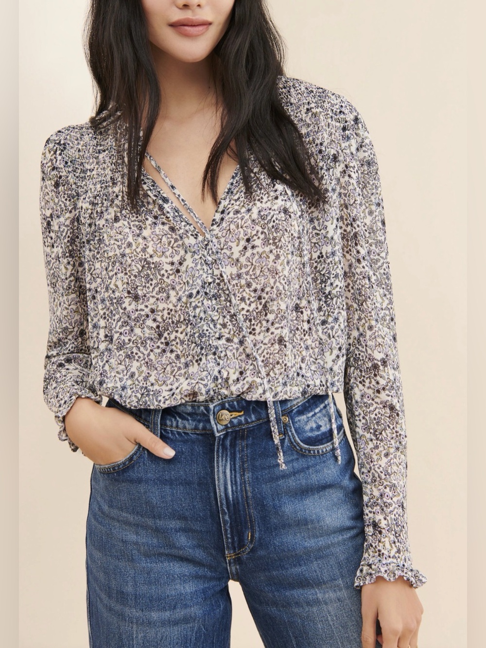 Free People Long Sleeve Floral Smocked Blouse Blue Size S